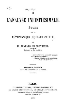De l'Analyse Infinitésimale : Étude sur la Métaphysique du Haut Calcul