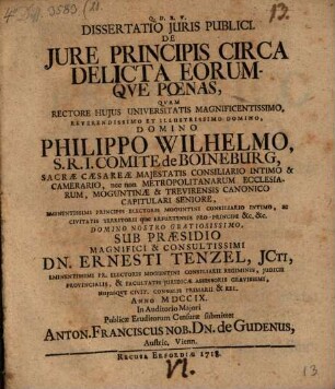 Diss. iur. publ. de iure principis circa delicta eorumque poenas : 1709