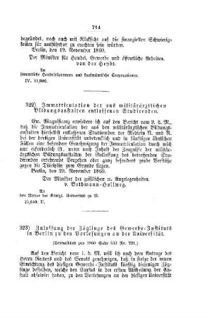 Immatriculation der aus militärärztlichen bildungsanstalten entlassenen Studirenden : [I. Akademien und Universitäten]