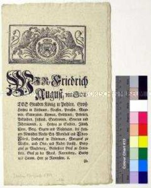 Mandat von Friedrich August II. Kurfürst von Sachsen betreffs diplomatische Beziehungen zu Preußen und Steuerscheinzahlungen