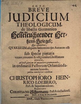 Breve iudicium theologicum de libello Germanico: Helleleuchtender Hertzens-Spiegel