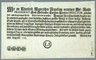 Kurfürstliche Regierungsverordnung gegen geringhaltige Münzen
