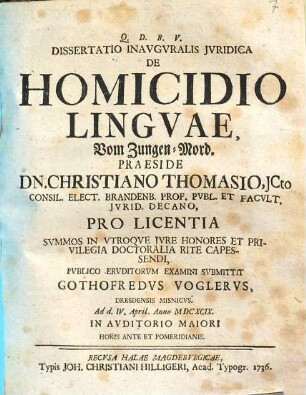 Dissertatio Inavgvralis Jvridica De Homicidio Lingvae : = Vom Zungen-Mord