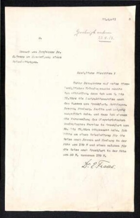 Antrag auf Reisekostenerstattung von Eberhard Fraas 1913.