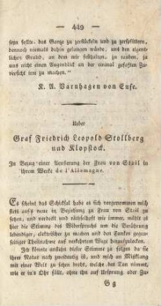 Ueber Graf Friedrich Leopold Stollberg und Klopstock. In Bezug einer Aeußerung der Frau von Staël in ihrem Werke de l'Allemagne.