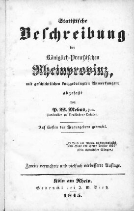 Statistische Beschreibung der Königlich-Preuszischen Rheinprovinz : mit geschichtlichen kurzgedrängten Anmerkungen