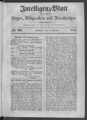 Intelligenz-Blatt für die Kreise Siegen und Wittgenstein und Altenkirchen. 1835-1866