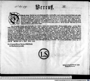 Verruf. : München den 17. May Anno 1749. Ex Commissione Seren. Dni. Ducis & Electoris speciali. Johann Heinrich Börner, Hof-Raths-Secretarius.