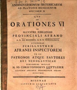 Animadversionvm Historicarvm Ad Platonis Menexenvm Specimen II