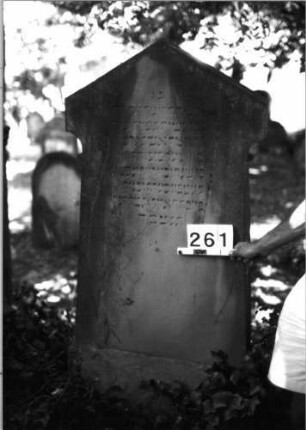 Grabstein 261 (Index: 100085141) Maße HxBxT: 154x70x21 cm Beschreibung: Stele, profi. Sockel, giebelart. Abschl. , rechteck. Schriftfeld eingetieft: Grabstein 261