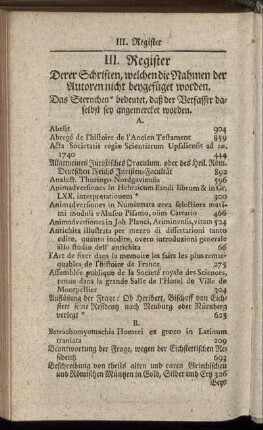 III. Register Derer Schriften, welchen die Nahmen der Autoren nicht beygefüget worden.