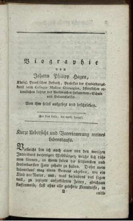 Kurze Uebersicht und Vorerinnerung meines Lebenslaufs.