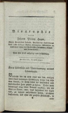 Kurze Uebersicht und Vorerinnerung meines Lebenslaufs.