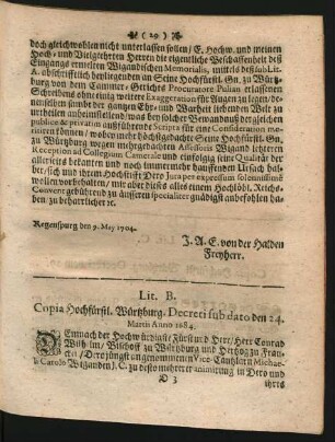 Lit. B. Copia Hochfürstl. Würtzburg. Decreti sub dato den 24. Martii Anno 1684.