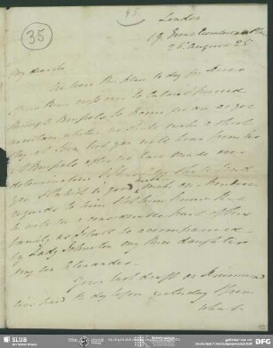 Eigenh. Brief von Alexander Johnston an August Wilhelm von Schlegel, London, 26.08.1825