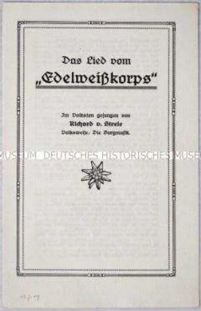 Flugblatt mit patriotischem Liedtext, in dem in österreichischem Dialekt Monarchieteue und Kriegsbereitschaft ausgedrückt wird.