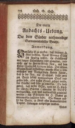 Die vierte Andachts-Uebung. Die dem Sünder nothwendige Sacramentalische Beicht.