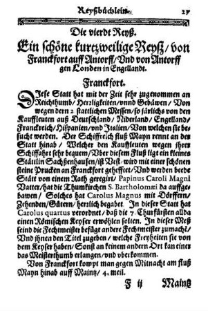 Die 4. Reyß. Von Franckfort auff Antorff, und Londen in Engelland.