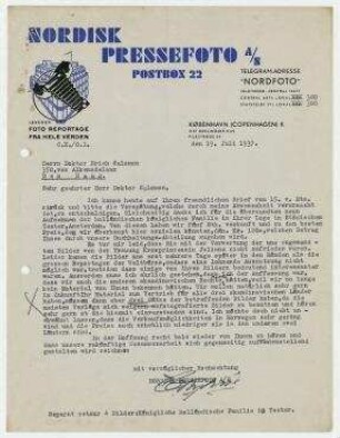 Brief von Nordisk Pressefoto, Kopenhagen an Erich Salomon