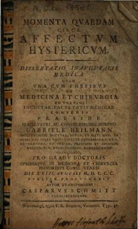 Momenta Qvaedam Circa Affectvm Hystericvm : Vna Cvm Thesibvs Ex Medicina Et Chirvrgia