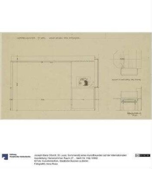 St. Louis, Sommersitz eines Kunstfreundes auf der internationalen Ausstellung, Herrenzimmer, Raum 27, Aufriss der Nordwestwand sowie Aufriss und Grundriss des Schreibtisches