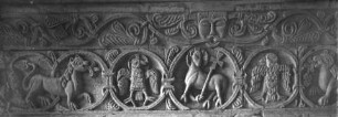 Szenen der Grablege Christi, umrahmt mit reichem vegetabilen Ornament — Auferstehungsthematik: Tiere als Christussymbole im Rankenfries