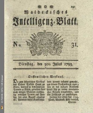 No. 31. Dienstag, den 30ten Julius 1793