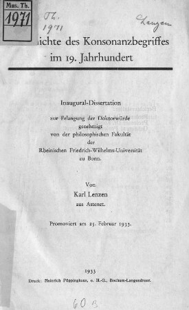 Geschichte des Konsonanzbegriffes im 19. Jahrhundert : von Karl Lenzen aus Astenet