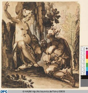 Ein bekrönter Jüngling kniet in einer Landschaft vor einer sitzenden, nackten weiblichen Gestalt (Aus der antiken Sage Ovid, Pygmalion?)