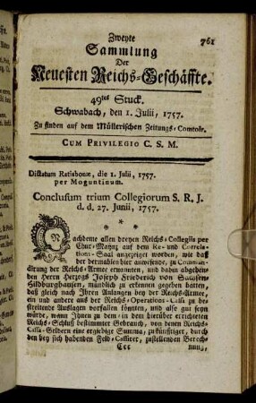 49tes Stuck. Schwabach, den 1. Julii, 1757.