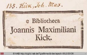 Exlibris des Johannis Maximilian Kick