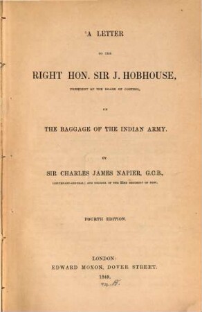 A letter to the right hon. Sir J. Hobhouse on the baggage of the Indian army
