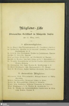 Mitglieder-Liste der Oekonomischen Gesellschaft im Königreiche Sachsen am 31. März 1893