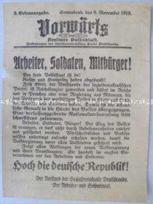 Sonderausgabe des "Vorwärts" zur Einsetzung von Friedrich Ebert als Reichskanzler