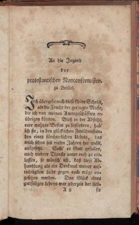 An die Jugend der protestantischen Nonconformisten. zu Bristol.