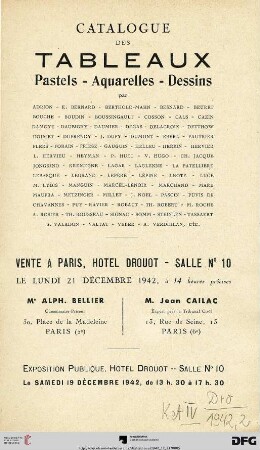 Catalogue des tableaux : pastels, aquarelles, dessins de Adrion, E. Bernard, Berthold-Mahn, ... ; Hôtel Drouot, le lundi 21 décembre 1942