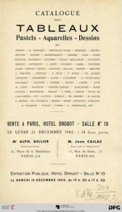 Catalogue des tableaux : pastels, aquarelles, dessins de Adrion, E. Bernard, Berthold-Mahn, ... ; Hôtel Drouot, le lundi 21 décembre 1942