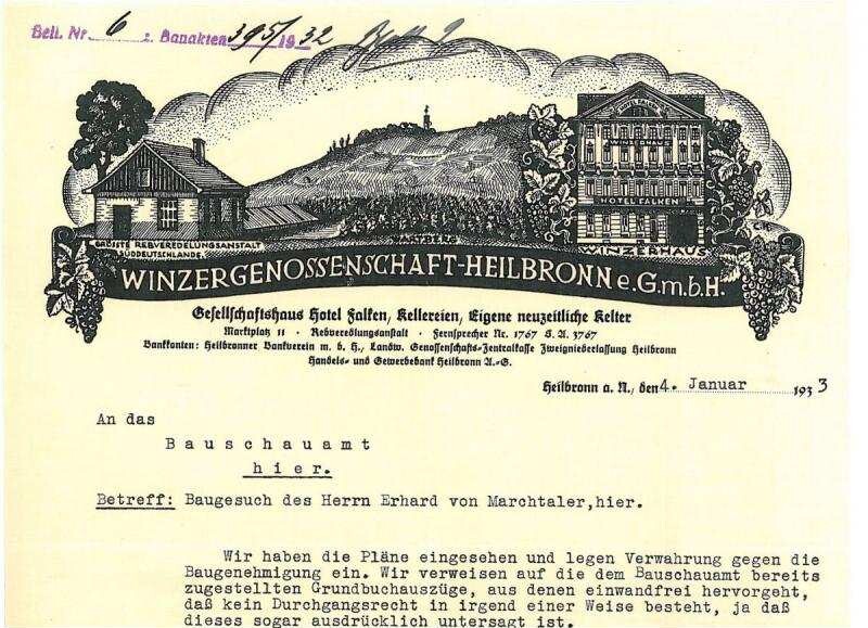 Briefbogen der Winzergenossenschaft Heilbronn e.G.m.b.H. mit Ansicht des Hotels Falken (Winzerhaus) und des Wartbergs