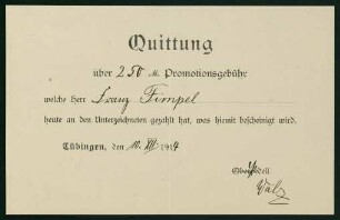 Quittung d. Promotionsgebühr (10.12.1914)