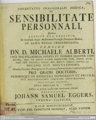 Dissertatio Inauguralis Medica De Sensibilitate Personnali