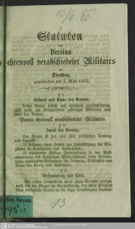 Statuten des Vereins ehrenvoll verabschiedeter Militärs zu Dresden, gegründet am 7. Mai 1857