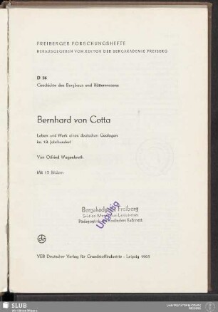 Bernhard von Cotta : Leben und Werk eines deutschen Geologen im 19. Jahrhundert