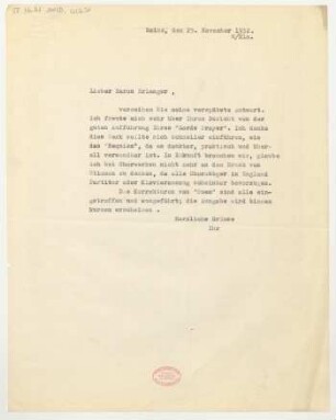 Brief an Frédéric d' Erlanger : 25.11.1932