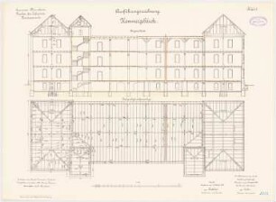 Garnison des Infanterie-Kasernements, Mannheim Kammergebäude: Grundriss Dachgeschoss, Längsschnitt 1:100