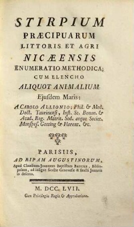 Stirpium Praecipuarum Littoris Et Agri Nicaeensis Enumeratio Methodica : Cum Elencho Aliquot Animalium Eiusdem Maris