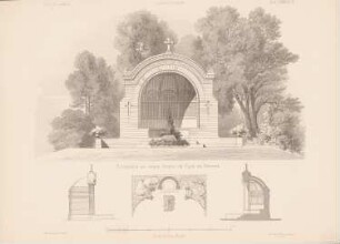 Grabmal im Park, Griesel: Grundriss, Ansichten, Schnitt (aus: Architektonisches Skizzenbuch, H. 133/4, 1875)