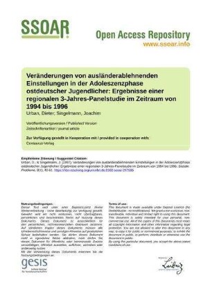 Veränderungen von ausländerablehnenden Einstellungen in der Adoleszenzphase ostdeutscher Jugendlicher: Ergebnisse einer regionalen 3-Jahres-Panelstudie im Zeitraum von 1994 bis 1996