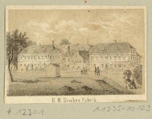 Die Fabrik von H. H. Henke mit mehreren Fachwerk- und Umgebindehäusern in Ebersbach in der Oberlausitz, Ausschnitt aus einem Bilderbogen