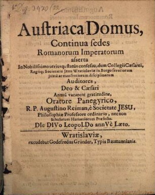 Austriaca Domus, Continua sedes Romanorum Imperatorum asserta