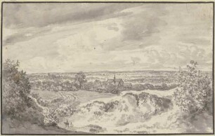 Fernsicht mit einer Stadt, vorne ein Reiter und zwei Fußgänger